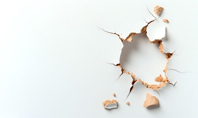 Broken eggshell with jagged hole and fragments on white background, symbolizing breakthrough, new beginnings, and fragility.