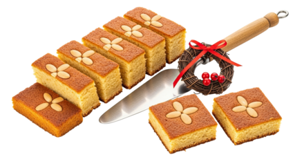 Slices of homemade almond sponge cake decorated with nuts, served with a cake spatula and a festive Christmas wreath, isolated on a black background for a holiday celebration