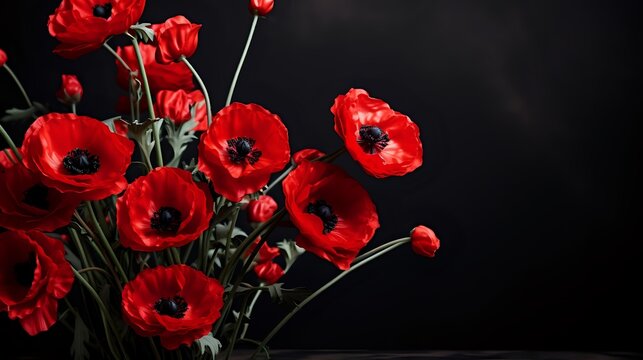 Vibrant red poppy flowers with dark centers against dramatic black background, creating striking contrast for remembrance themes and floral design.