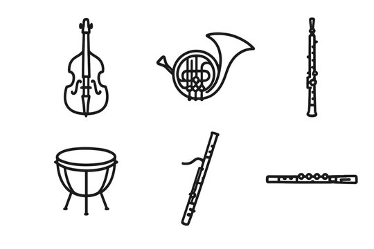 Orchestral Instruments Icons. Line style icons of orchestral instruments: double bass, French horn, oboe, timpani, bassoon,