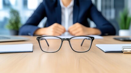Glasses on a desk in a modern office with blurred business people. Concept for teamwork or a conference.