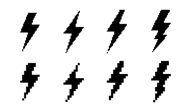 Set of Eight Pixelated Lightning Bolt Illustrations on a White Background