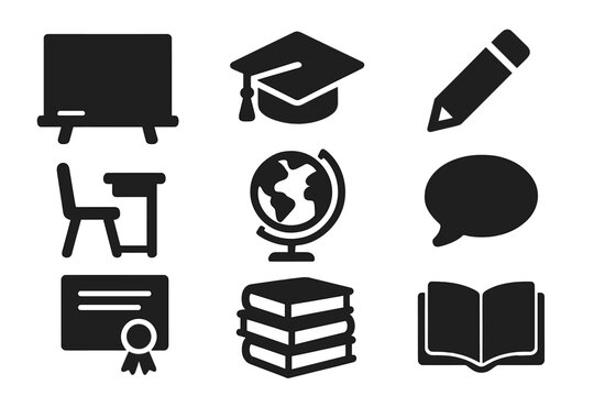 Education Icons Collection. Solid style icons of education: chalkboard, graduation cap, pencil, classroom desk, globe, speech