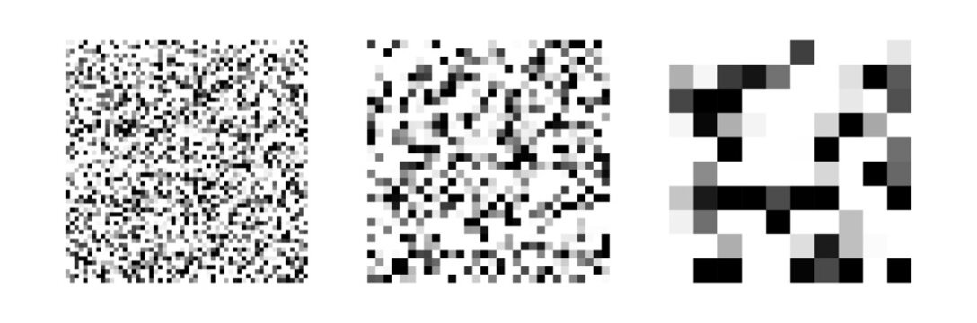 Various levels of pixelated grayscale noise textures in square format with increasing intensity