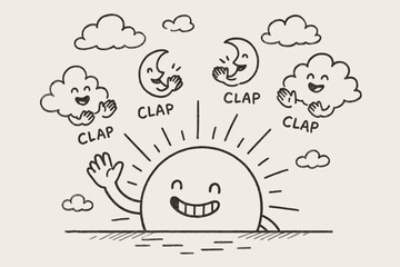 Joyful Sunset Farewell. A doodle of a friendly sun setting with a grin, waving goodbye to yestern, while moons and clouds clap