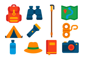 Exploration Gear Icons. Flat vector icons of Exploration Gear: backpack, binoculars, walking stick, map, tent, flashlight, rope,