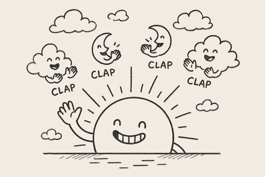 Joyful Sunset Farewell. A doodle of a friendly sun setting with a grin, waving goodbye to yestern, while moons and clouds clap