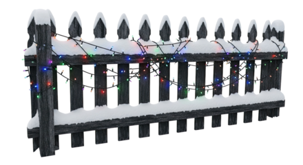 Festive winter scene of a dark wooden fence covered in fresh snow and adorned with a string of multicolored fairy lights, creating a cozy holiday atmosphere