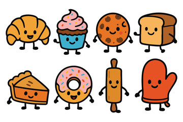 A collection of cute, anthropomorphic baked goods including a croissant, cupcake, cookie, bread, pie, donut, rolling pin, and oven mitt.
