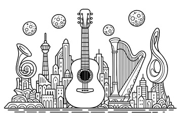 Instrumental Skyline Art. City skyline shaped like instruments and abstract sculptures, with surreal floating moons, black and