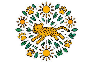 Cheetah Mandala Art. Cheetah in the middle with paw prints, suns, grass, and leaves radiating outward in speedy mandala style,