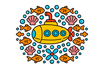 Underwater Mandala Submarine. Submarine in the middle with fish, bubbles, propellers, and shells forming an underwater mandala