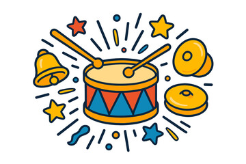 Radiant Drum Set. Drum in the middle with drumsticks, bells, cymbals, and stars radiating outward in rhythmic symmetry, bright