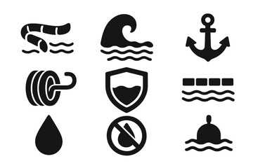 Ocean Cleanup Icons. Solid style icons of ocean cleanup barriers: floating boom, wave, anchor, rope, buoy, shield, barrier line,