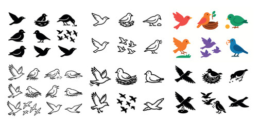 Fototapeta premium Various bird silhouettes and illustrations