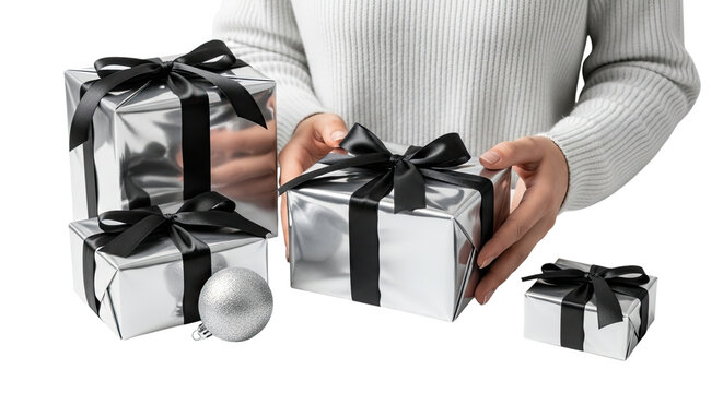 A woman in a cozy white sweater holds a stylish silver gift box with a black ribbon bow, surrounded by more presents and an ornament against a dark isolated background - Powered by Adobe