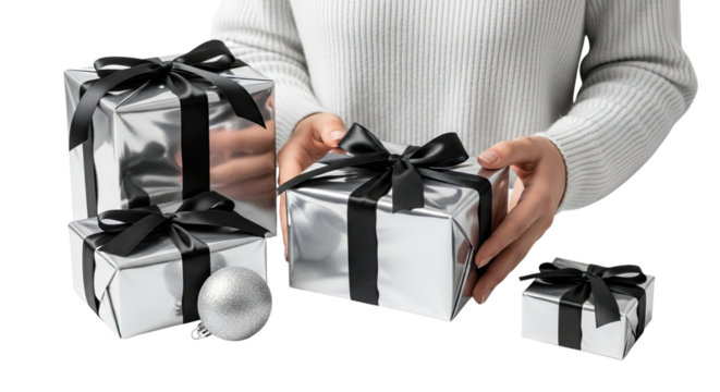 A woman in a cozy white sweater holds a stylish silver gift box with a black ribbon bow, surrounded by more presents and an ornament against a dark isolated background