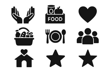 Community Support Icons. Solid style icons of community support: open hands, food donation box, heart, gift basket, shared meal,
