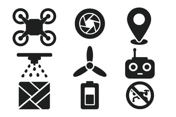 Agricultural Drone Icons. Solid style icons of agricultural drones: quadcopter, camera lens, GPS pin, spraying nozzle, propeller,