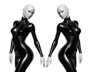 Obraz premium Sleek Humanoid Figures in Black Latex Suits. Futuristic Sci-Fi Fashion, AI & Modern Identity Concept