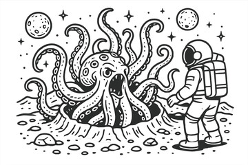 Fototapeta premium Lunar Tentacle Encounter. Astronaut encountering a massive tentacled creature emerging from a crater on a distant moon, black and