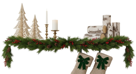 A festive Christmas mantel decoration with an evergreen garland, red berries, hanging stockings, candles, decorative trees, and birch logs isolated on a black background