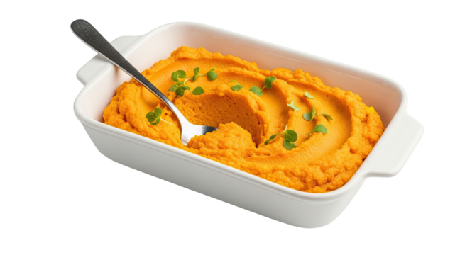 Creamy orange vegetable puree, possibly from carrots or sweet potatoes, served in a white ceramic baking dish with a spoon and garnished with fresh microgreens, isolated on black