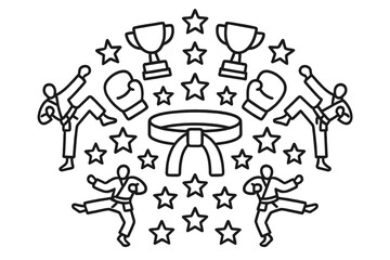 Martial Arts Mandala. Martial arts belt in the middle with gloves, stars, trophies, and kicking silhouettes radiating outward in a