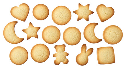 A delightful assortment of freshly baked butter cookies in various fun shapes including hearts, stars, and animals, neatly arranged in a pattern and isolated on a solid black background