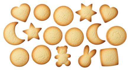 A delightful assortment of freshly baked butter cookies in various fun shapes including hearts, stars, and animals, neatly arranged in a pattern and isolated on a solid black background