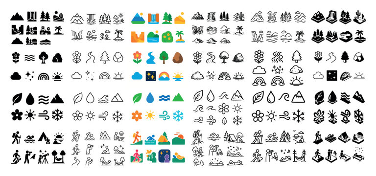 Nature icon set: trees, mountains, weather