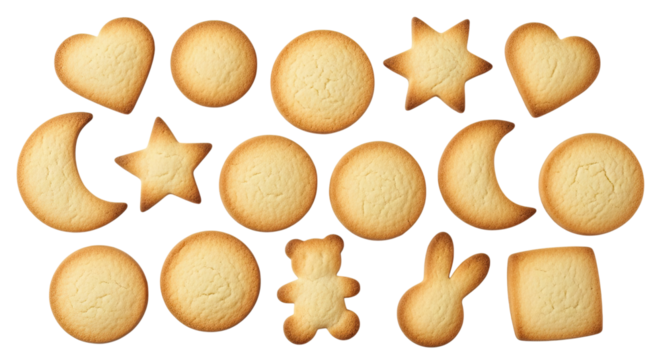 A delightful assortment of freshly baked butter cookies in various fun shapes including hearts, stars, and animals, neatly arranged in a pattern and isolated on a solid black background