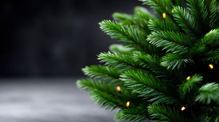Close-up view of a green Christmas tree adorned with warm lights, creating a cozy holiday atmosphere during wintertime.