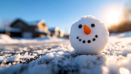 A cheerful snowman with a carrot nose stands on a snowy surface.