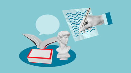 Knowledge and Inspiration - Open Book with Speech Bubble and Hand Taking Study Notes. Artistic Education Theme, Creative Writing and Idea Generation