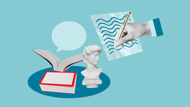 Knowledge and Inspiration - Open Book with Speech Bubble and Hand Taking Study Notes. Artistic Education Theme, Creative Writing and Idea Generation - Powered by Adobe