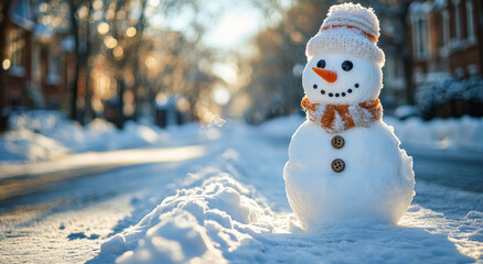 A snowman wears a scarf and hat on a snowy street during a bright winter day, surrounded by glistening snow.