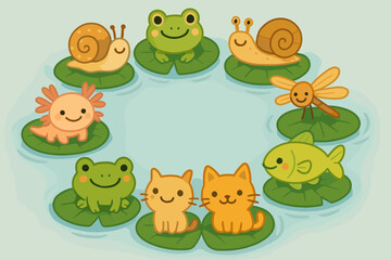 Naklejka premium Smiling Lily Pad Circle. Happy lily pads forming a circle, each pad with a different smiling creature