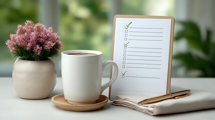 Cozy workspace with white coffee mug, checklist on clipboard, pink flowering plant in ceramic pot, and gold pen on bright table against blurred green background.