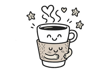 Obraz premium Zarf's Coffee Hug. A doodle of a smiling zarf hugging a hot coffee cup, with cheerful steam forming hearts and giggling stars