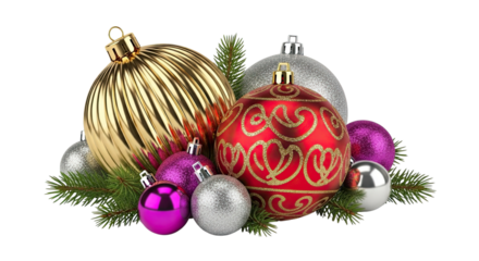 A vibrant collection of festive Christmas baubles in gold, red, silver, and magenta, nestled among green pine branches on a stark black background, creating an elegant holiday display