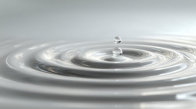 Water droplet creating concentric ripples on calm silver-toned surface, capturing moment of impact with second droplet suspended above for wellness and tranquility concepts.