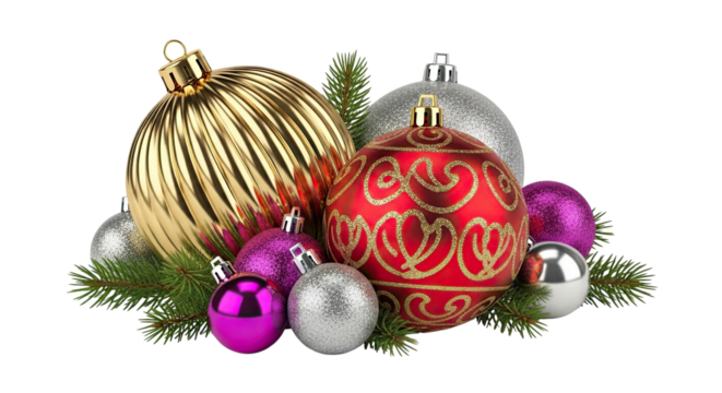A vibrant collection of festive Christmas baubles in gold, red, silver, and magenta, nestled among green pine branches on a stark black background, creating an elegant holiday display - Powered by Adobe