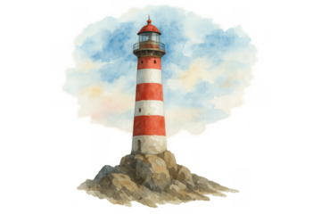 Lighthouse artwork standing on rocks, a beacon providing guidance, watercolor painting with red and white stripes