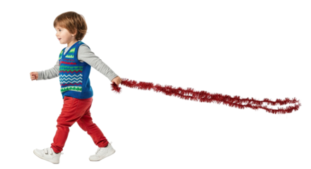Cute toddler wearing a colorful knitted sweater vest and red pants joyfully walks and drags a shiny red holiday garland behind him against a plain black backdrop