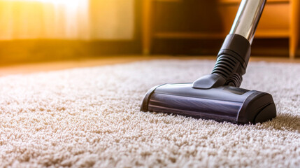 A person cleans a carpet with a vacuum cleaner while sunlight fills the cozy room, creating a warm atmosphere.