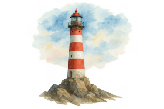 Lighthouse artwork standing on rocks, a beacon providing guidance, watercolor painting with red and white stripes