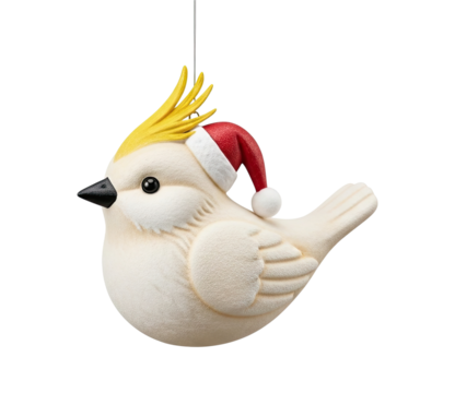 A cute cockatoo bird Christmas tree ornament wearing a festive red Santa hat hangs isolated against a solid black background in a clean studio shot - Powered by Adobe