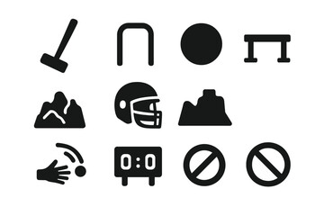 Competitive Outdoor Icons. Solid style icons of Competitive Outdoor Games: Mallet, Wicket, Ball, Extreme Terrain, Helmet, Obstacle