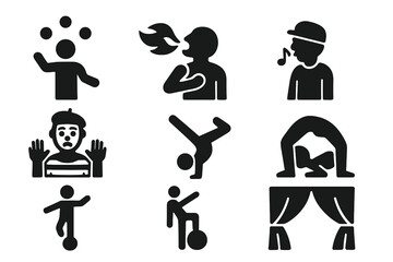 Unusual Talent Icons. Solid style icons of Unusual Talents: Juggler, Fire Breather, Whistler, Mime, Acrobat, Contortionist,